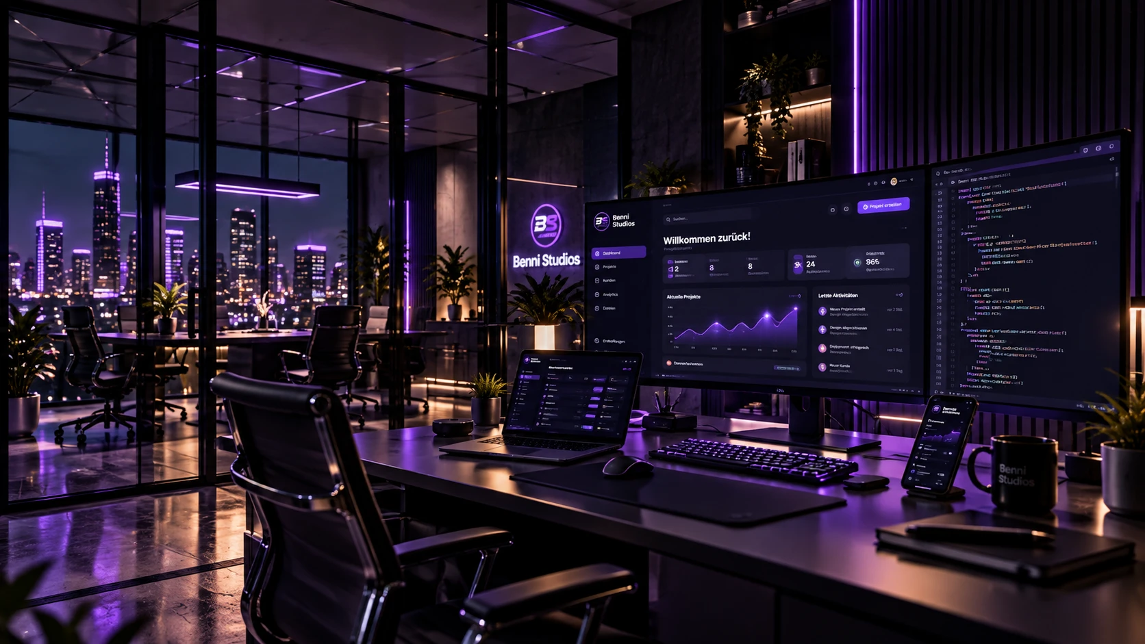 Benni Studios Arbeitsplatz bei Nacht: Monitor mit Dashboard, Code, Laptop und Smartphone vor der Skyline