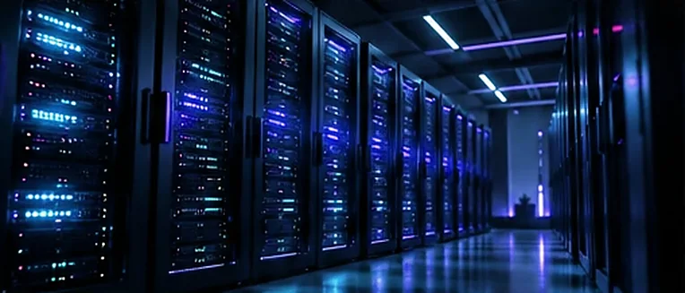 Serverraum mit beleuchteten Racks