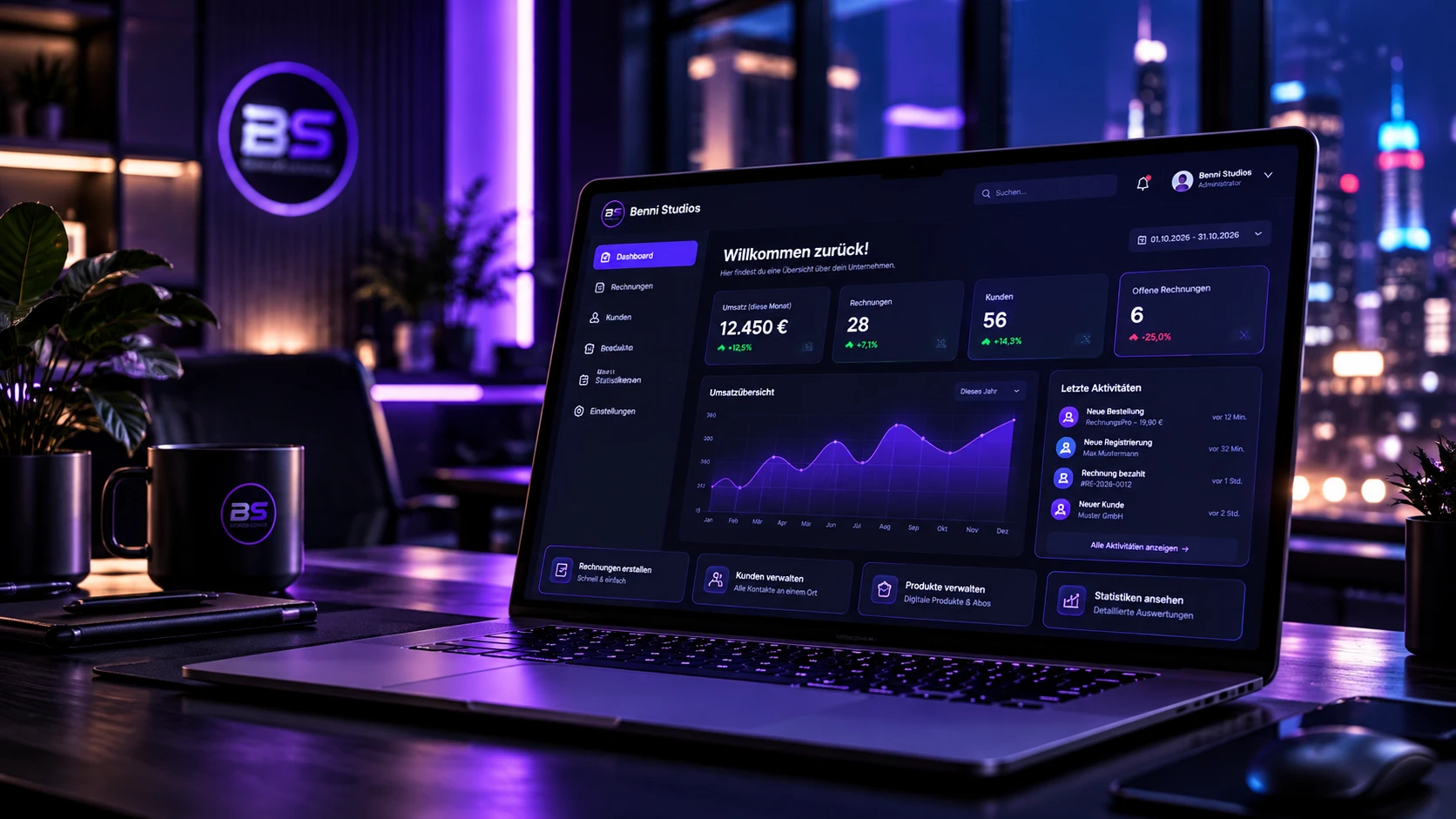 Laptop mit dem Benni Studios Dashboard: Umsatz, Rechnungen, Kunden und Aktivitäten